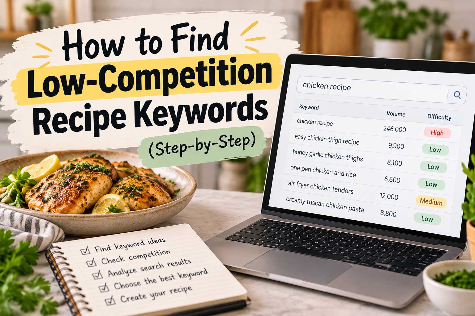 how to find low competition recipe keywords